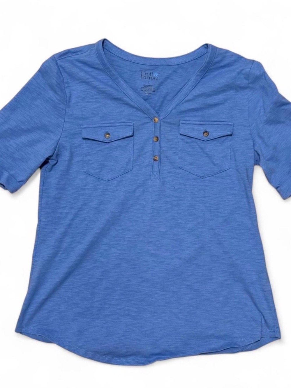 Croft & Barrow Henley Top Small Blue Women's Roll Tab Sleeve Two Pocket